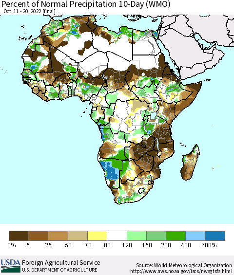 Africa Percent of Normal Precipitation 10-Day (WMO) Thematic Map For 10/11/2022 - 10/20/2022