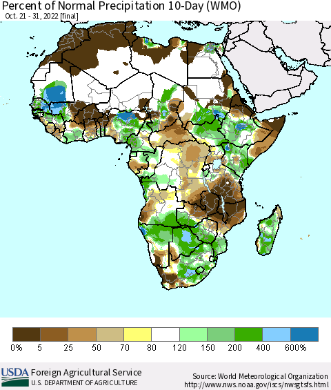 Africa Percent of Normal Precipitation 10-Day (WMO) Thematic Map For 10/21/2022 - 10/31/2022