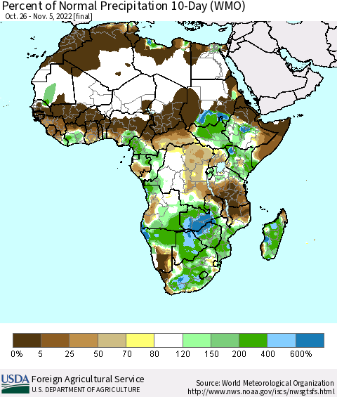 Africa Percent of Normal Precipitation 10-Day (WMO) Thematic Map For 10/26/2022 - 11/5/2022