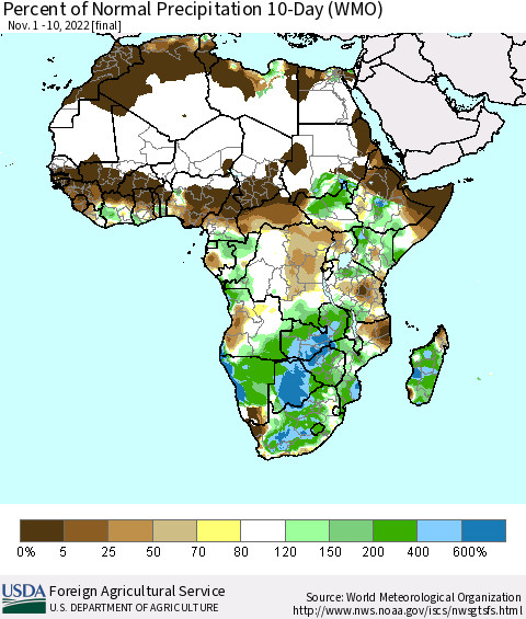 Africa Percent of Normal Precipitation 10-Day (WMO) Thematic Map For 11/1/2022 - 11/10/2022