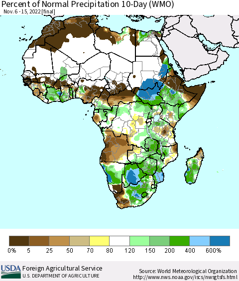 Africa Percent of Normal Precipitation 10-Day (WMO) Thematic Map For 11/6/2022 - 11/15/2022