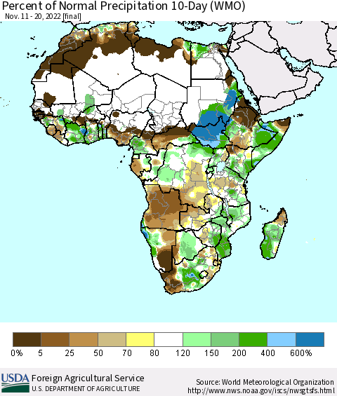 Africa Percent of Normal Precipitation 10-Day (WMO) Thematic Map For 11/11/2022 - 11/20/2022