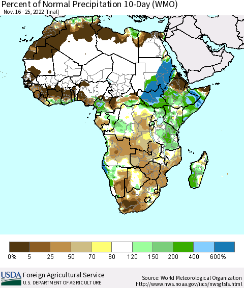 Africa Percent of Normal Precipitation 10-Day (WMO) Thematic Map For 11/16/2022 - 11/25/2022