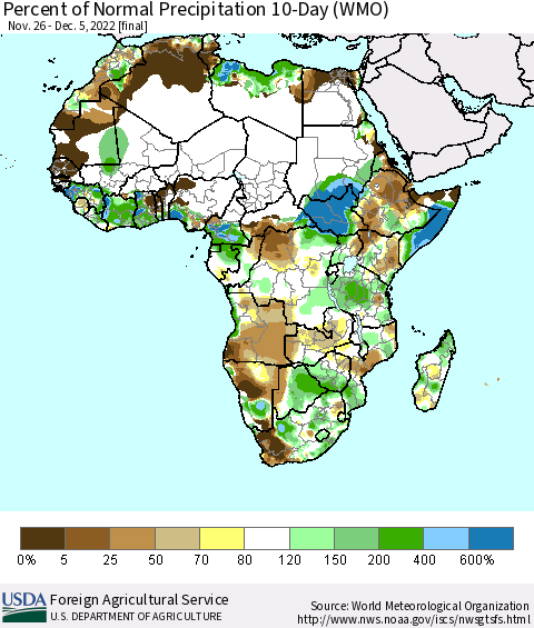 Africa Percent of Normal Precipitation 10-Day (WMO) Thematic Map For 11/26/2022 - 12/5/2022