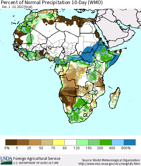 Africa Percent of Normal Precipitation 10-Day (WMO) Thematic Map For 12/1/2022 - 12/10/2022