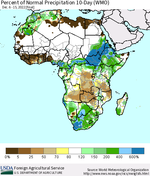 Africa Percent of Normal Precipitation 10-Day (WMO) Thematic Map For 12/6/2022 - 12/15/2022
