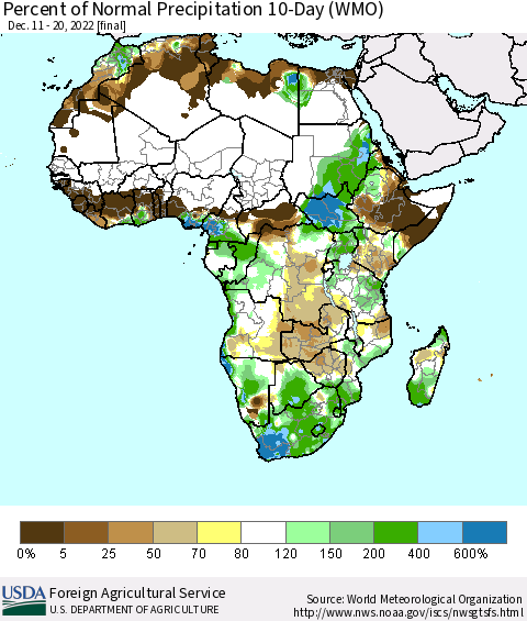 Africa Percent of Normal Precipitation 10-Day (WMO) Thematic Map For 12/11/2022 - 12/20/2022