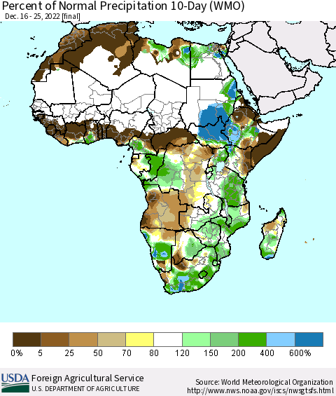 Africa Percent of Normal Precipitation 10-Day (WMO) Thematic Map For 12/16/2022 - 12/25/2022