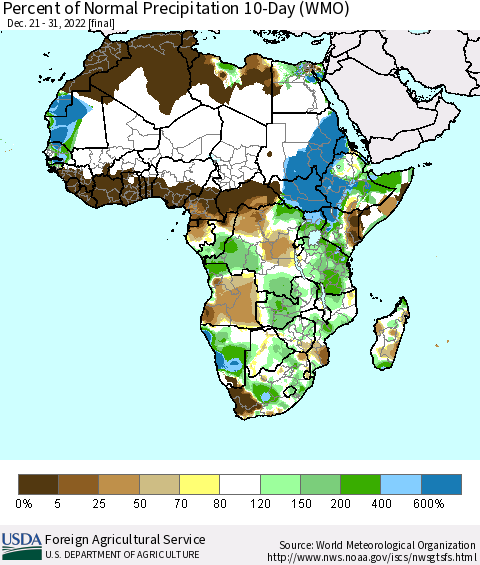 Africa Percent of Normal Precipitation 10-Day (WMO) Thematic Map For 12/21/2022 - 12/31/2022
