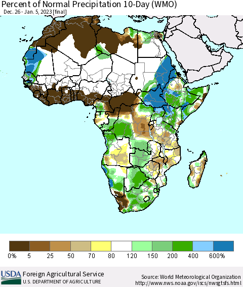 Africa Percent of Normal Precipitation 10-Day (WMO) Thematic Map For 12/26/2022 - 1/5/2023