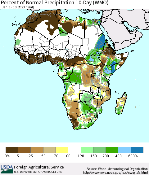 Africa Percent of Normal Precipitation 10-Day (WMO) Thematic Map For 1/1/2023 - 1/10/2023