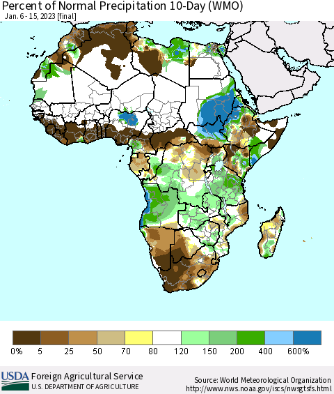 Africa Percent of Normal Precipitation 10-Day (WMO) Thematic Map For 1/6/2023 - 1/15/2023