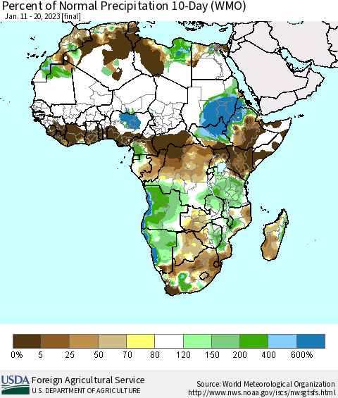 Africa Percent of Normal Precipitation 10-Day (WMO) Thematic Map For 1/11/2023 - 1/20/2023