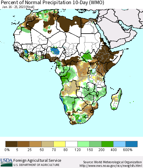 Africa Percent of Normal Precipitation 10-Day (WMO) Thematic Map For 1/16/2023 - 1/25/2023