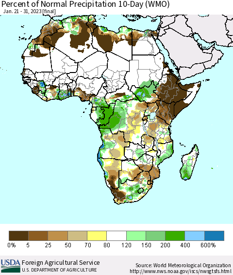 Africa Percent of Normal Precipitation 10-Day (WMO) Thematic Map For 1/21/2023 - 1/31/2023
