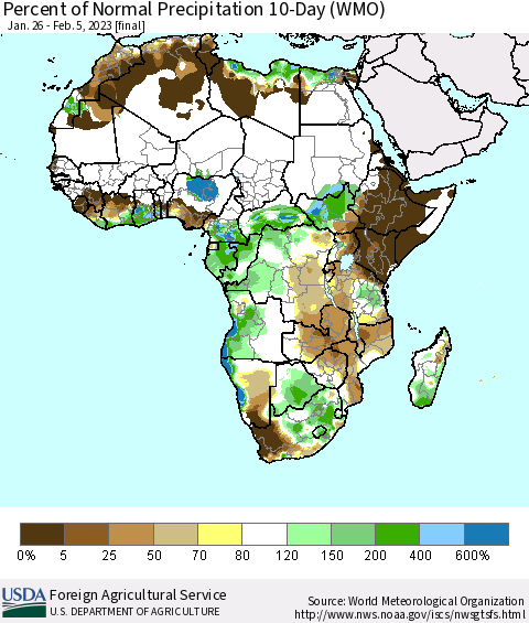 Africa Percent of Normal Precipitation 10-Day (WMO) Thematic Map For 1/26/2023 - 2/5/2023