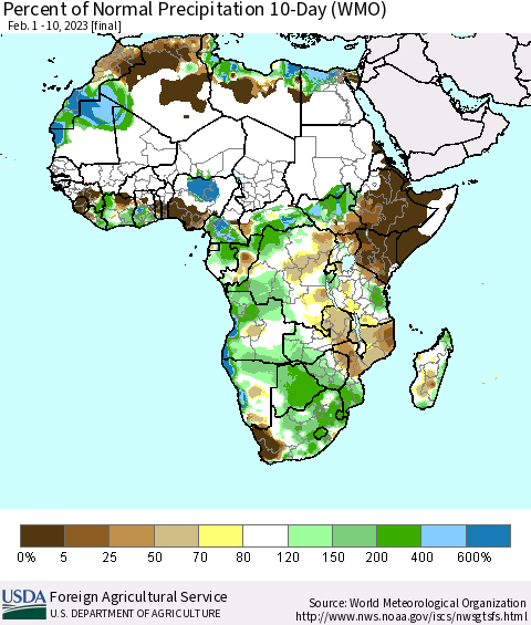 Africa Percent of Normal Precipitation 10-Day (WMO) Thematic Map For 2/1/2023 - 2/10/2023
