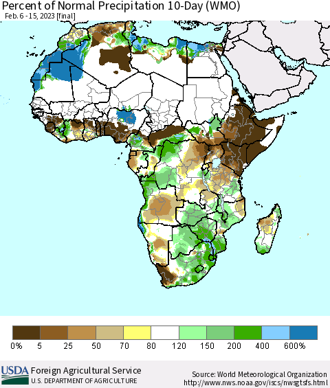 Africa Percent of Normal Precipitation 10-Day (WMO) Thematic Map For 2/6/2023 - 2/15/2023