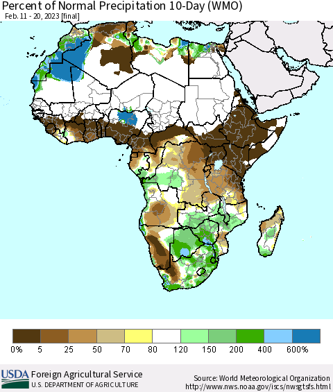 Africa Percent of Normal Precipitation 10-Day (WMO) Thematic Map For 2/11/2023 - 2/20/2023