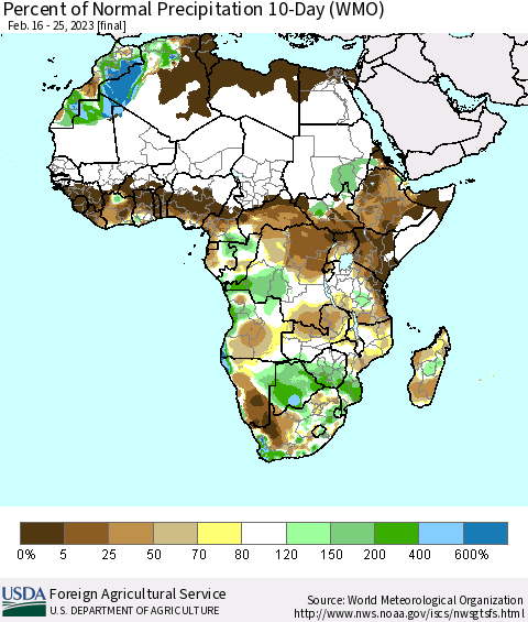 Africa Percent of Normal Precipitation 10-Day (WMO) Thematic Map For 2/16/2023 - 2/25/2023
