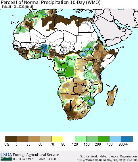 Africa Percent of Normal Precipitation 10-Day (WMO) Thematic Map For 2/21/2023 - 2/28/2023
