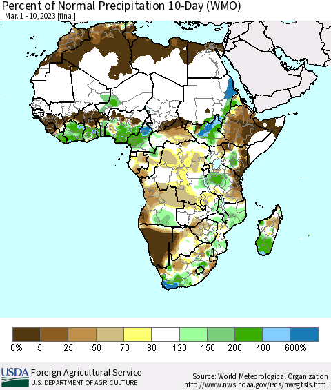 Africa Percent of Normal Precipitation 10-Day (WMO) Thematic Map For 3/1/2023 - 3/10/2023