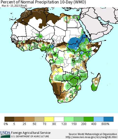 Africa Percent of Normal Precipitation 10-Day (WMO) Thematic Map For 3/6/2023 - 3/15/2023