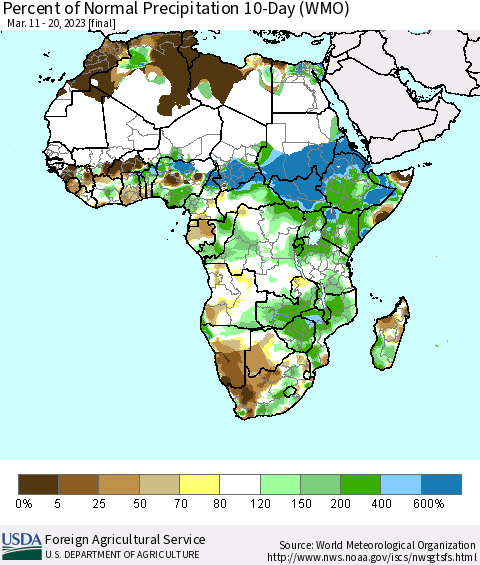 Africa Percent of Normal Precipitation 10-Day (WMO) Thematic Map For 3/11/2023 - 3/20/2023