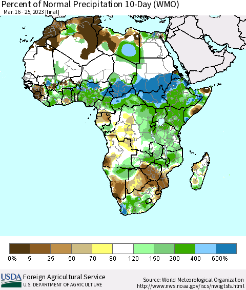 Africa Percent of Normal Precipitation 10-Day (WMO) Thematic Map For 3/16/2023 - 3/25/2023