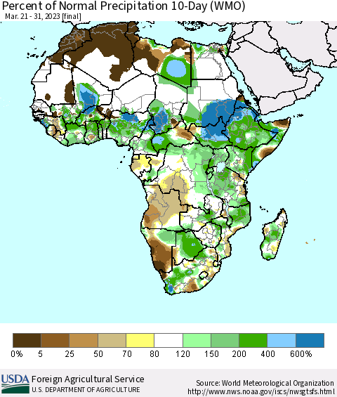 Africa Percent of Normal Precipitation 10-Day (WMO) Thematic Map For 3/21/2023 - 3/31/2023