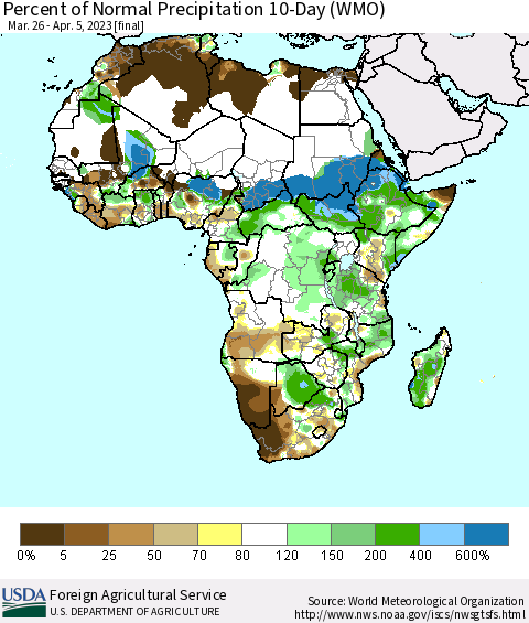 Africa Percent of Normal Precipitation 10-Day (WMO) Thematic Map For 3/26/2023 - 4/5/2023