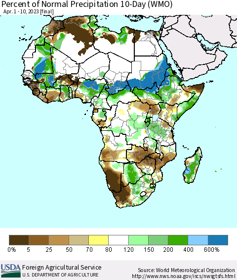 Africa Percent of Normal Precipitation 10-Day (WMO) Thematic Map For 4/1/2023 - 4/10/2023