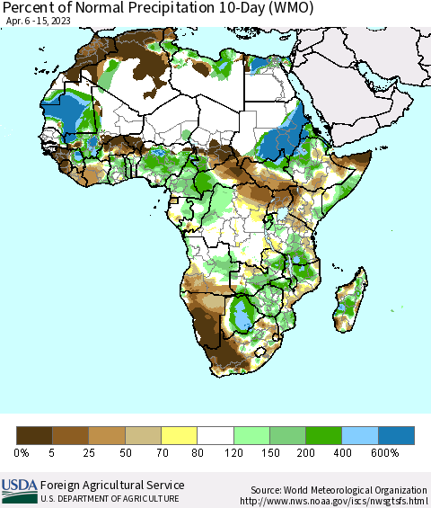 Africa Percent of Normal Precipitation 10-Day (WMO) Thematic Map For 4/6/2023 - 4/15/2023