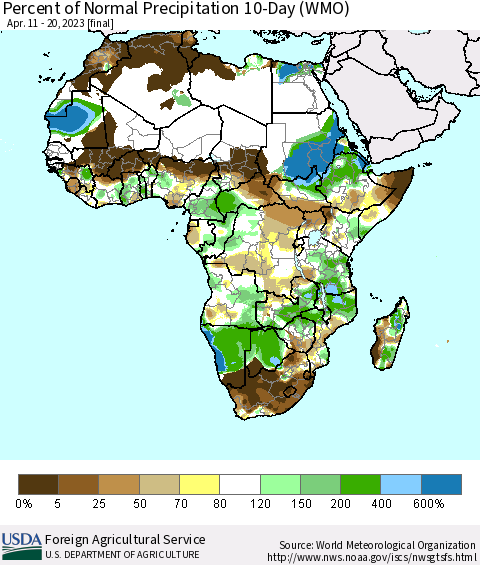 Africa Percent of Normal Precipitation 10-Day (WMO) Thematic Map For 4/11/2023 - 4/20/2023