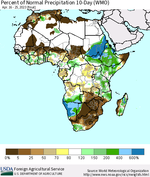 Africa Percent of Normal Precipitation 10-Day (WMO) Thematic Map For 4/16/2023 - 4/25/2023