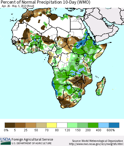 Africa Percent of Normal Precipitation 10-Day (WMO) Thematic Map For 4/26/2023 - 5/5/2023