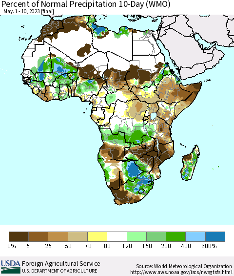 Africa Percent of Normal Precipitation 10-Day (WMO) Thematic Map For 5/1/2023 - 5/10/2023
