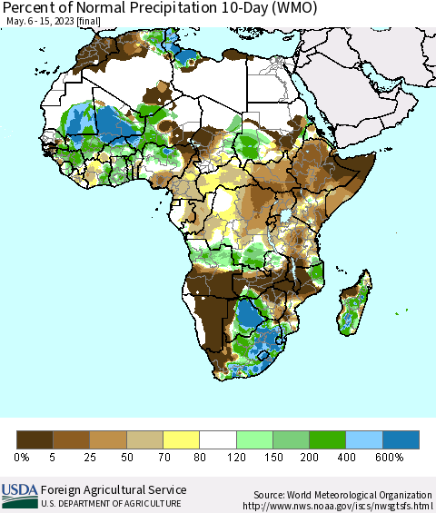 Africa Percent of Normal Precipitation 10-Day (WMO) Thematic Map For 5/6/2023 - 5/15/2023