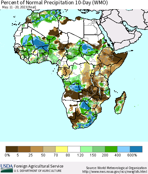 Africa Percent of Normal Precipitation 10-Day (WMO) Thematic Map For 5/11/2023 - 5/20/2023