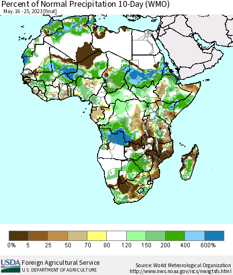 Africa Percent of Normal Precipitation 10-Day (WMO) Thematic Map For 5/16/2023 - 5/25/2023