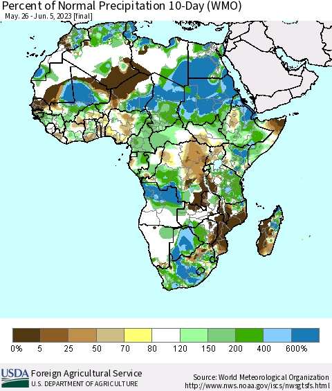 Africa Percent of Normal Precipitation 10-Day (WMO) Thematic Map For 5/26/2023 - 6/5/2023