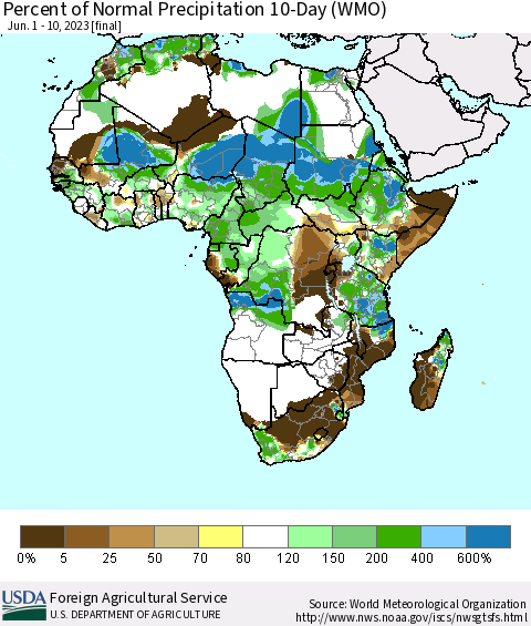 Africa Percent of Normal Precipitation 10-Day (WMO) Thematic Map For 6/1/2023 - 6/10/2023