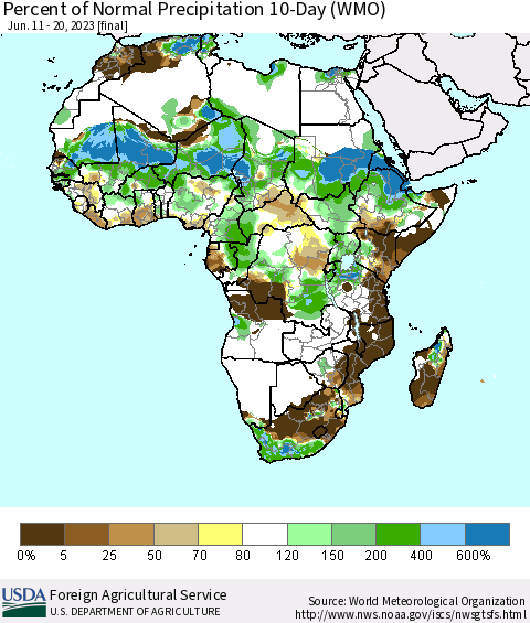 Africa Percent of Normal Precipitation 10-Day (WMO) Thematic Map For 6/11/2023 - 6/20/2023