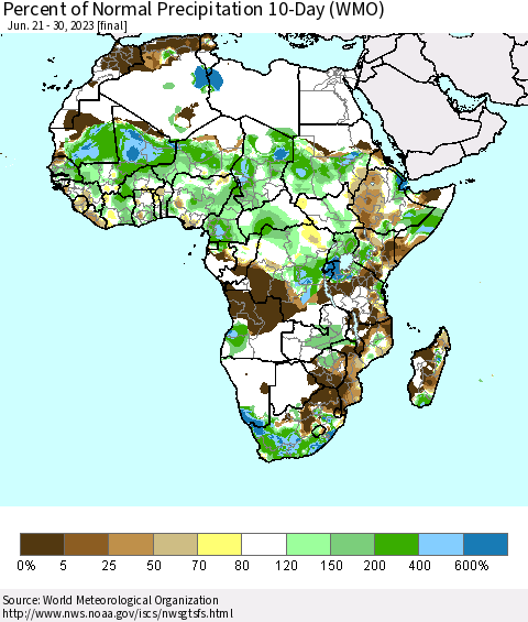Africa Percent of Normal Precipitation 10-Day (WMO) Thematic Map For 6/21/2023 - 6/30/2023