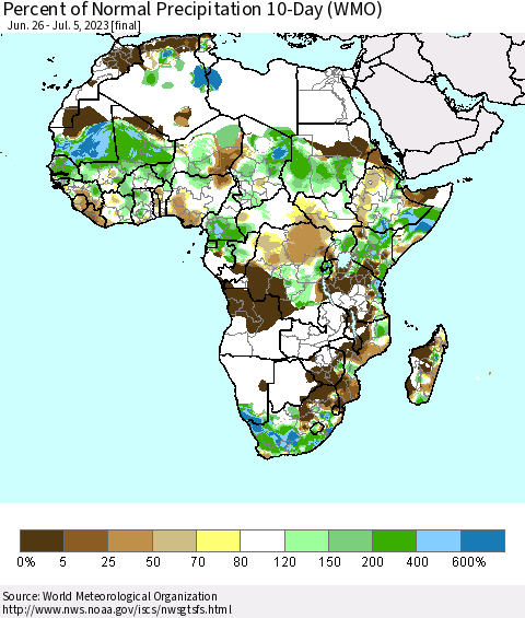 Africa Percent of Normal Precipitation 10-Day (WMO) Thematic Map For 6/26/2023 - 7/5/2023