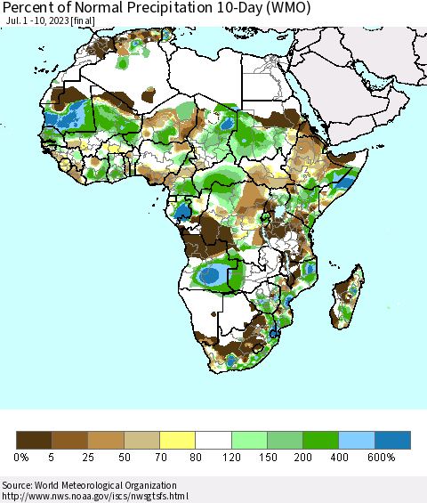 Africa Percent of Normal Precipitation 10-Day (WMO) Thematic Map For 7/1/2023 - 7/10/2023