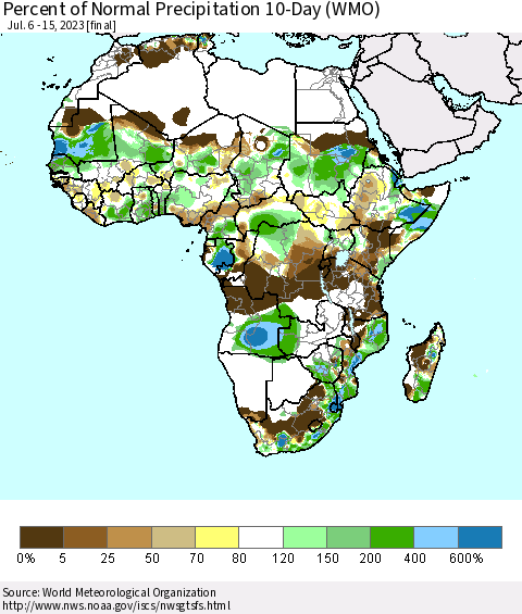 Africa Percent of Normal Precipitation 10-Day (WMO) Thematic Map For 7/6/2023 - 7/15/2023
