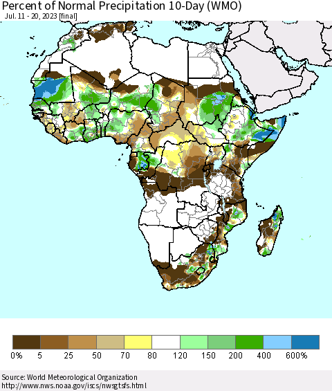Africa Percent of Normal Precipitation 10-Day (WMO) Thematic Map For 7/11/2023 - 7/20/2023