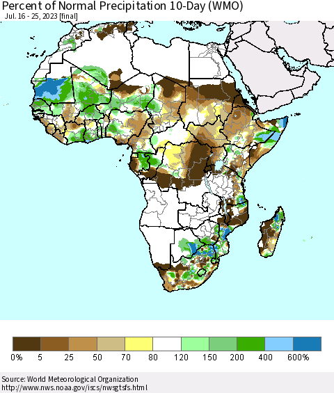Africa Percent of Normal Precipitation 10-Day (WMO) Thematic Map For 7/16/2023 - 7/25/2023