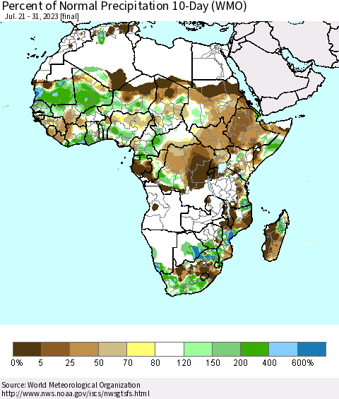 Africa Percent of Normal Precipitation 10-Day (WMO) Thematic Map For 7/21/2023 - 7/31/2023